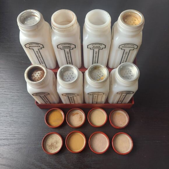 VTG Set Of 8 Original Griffiths Spice Jars ~ Milk Glass With Red Metal Rack - Picture 10 of 16